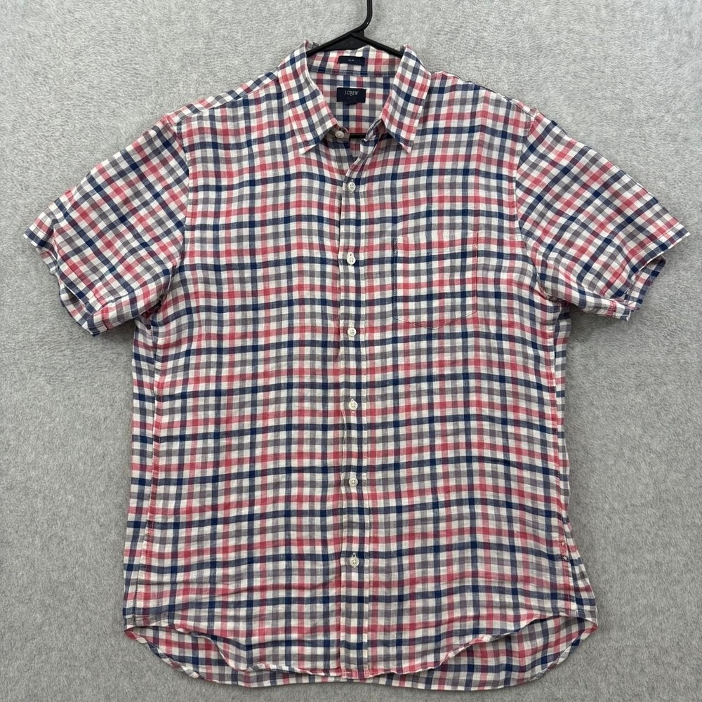 J.Crew Linen Plaid Short Sleeve Button Up Shirt Men's Large Slim Fit